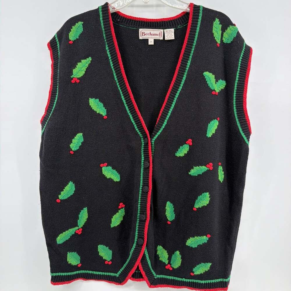 Bechamel Womens Sweater Vest Sz 2XL Christmas Holly Appliqué Black Button Up